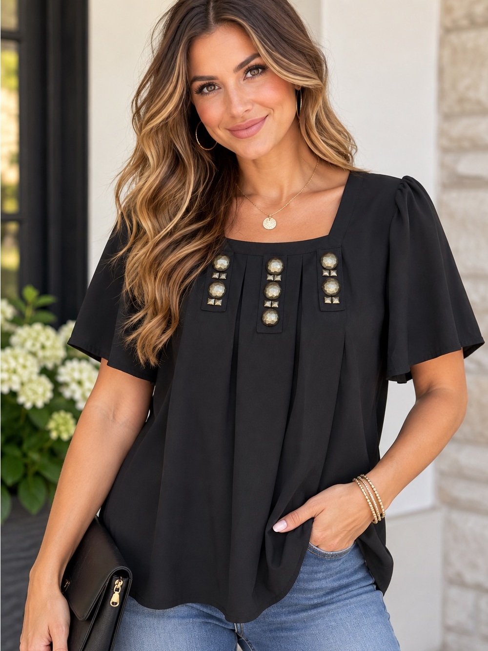 Apostrophe Studded Medallion Square Neck Flutter Sleeve Blouse Size Medium